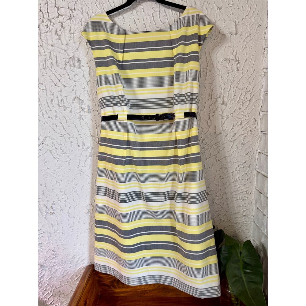 Calvin Klein Yellow Gray Striped Belted Sheath Dress Size 18W Cap Sleeve